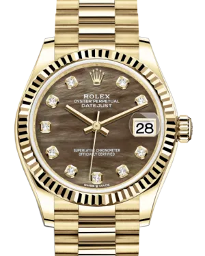 Rolex Lady-Datejust 31 Yellow Gold Black Mother of Pearl Diamond Dial & Fluted Bezel President Bracelet 278278