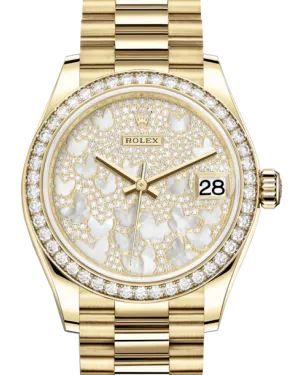 Rolex Lady-Datejust 31 Yellow Gold Mother of Pearl Butterfly Diamond Paved Dial & Diamond Bezel President Bracelet 278288RBR