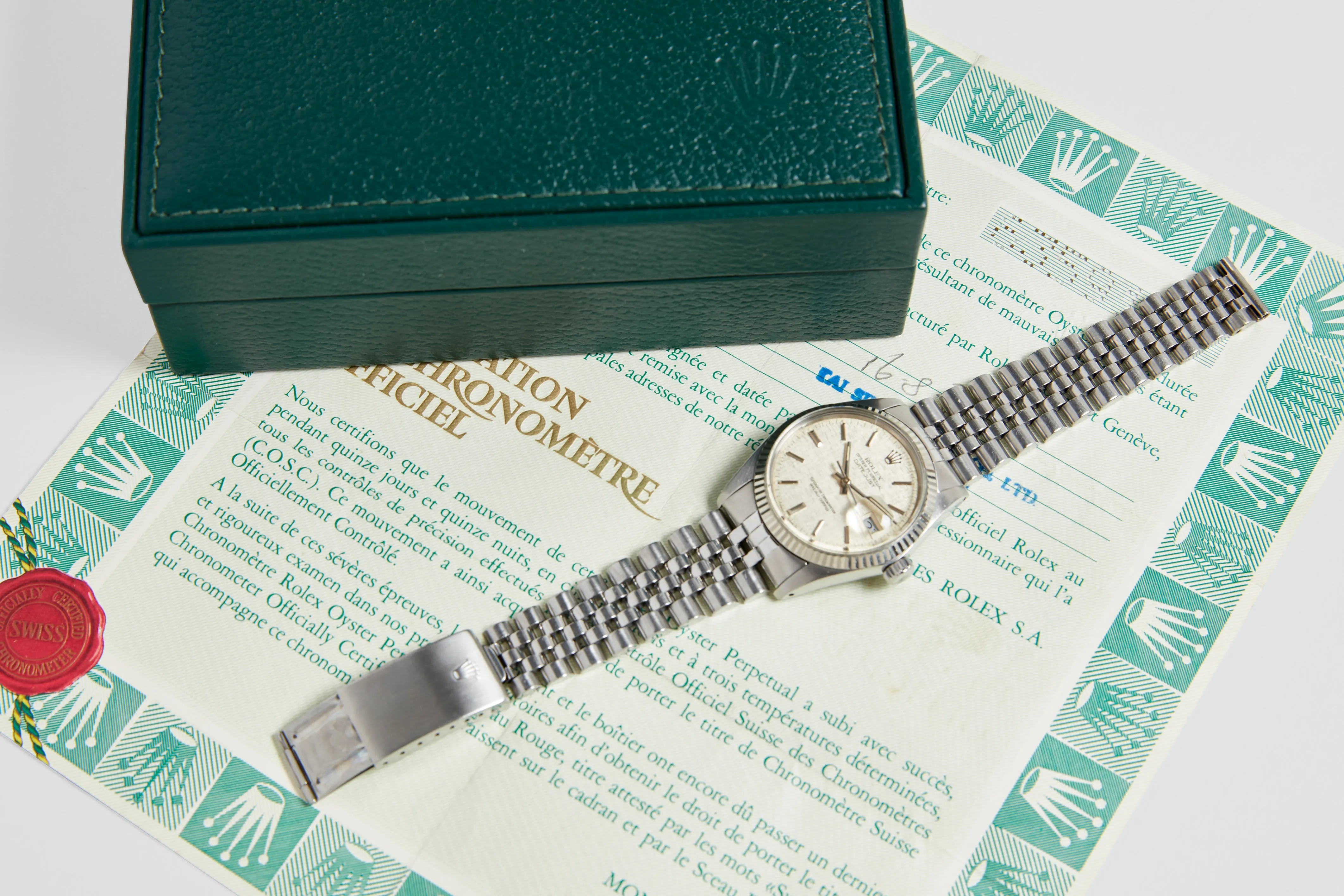 Rolex Oyster Perpetual Datejust with Linen Dial Box & Papers 1979