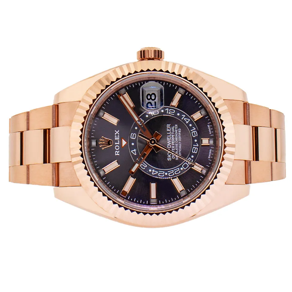 Rolex Sky-Dweller 42mm Everose Gold Dark Rhodium Index Dial Fluted Bezel 326935DKR