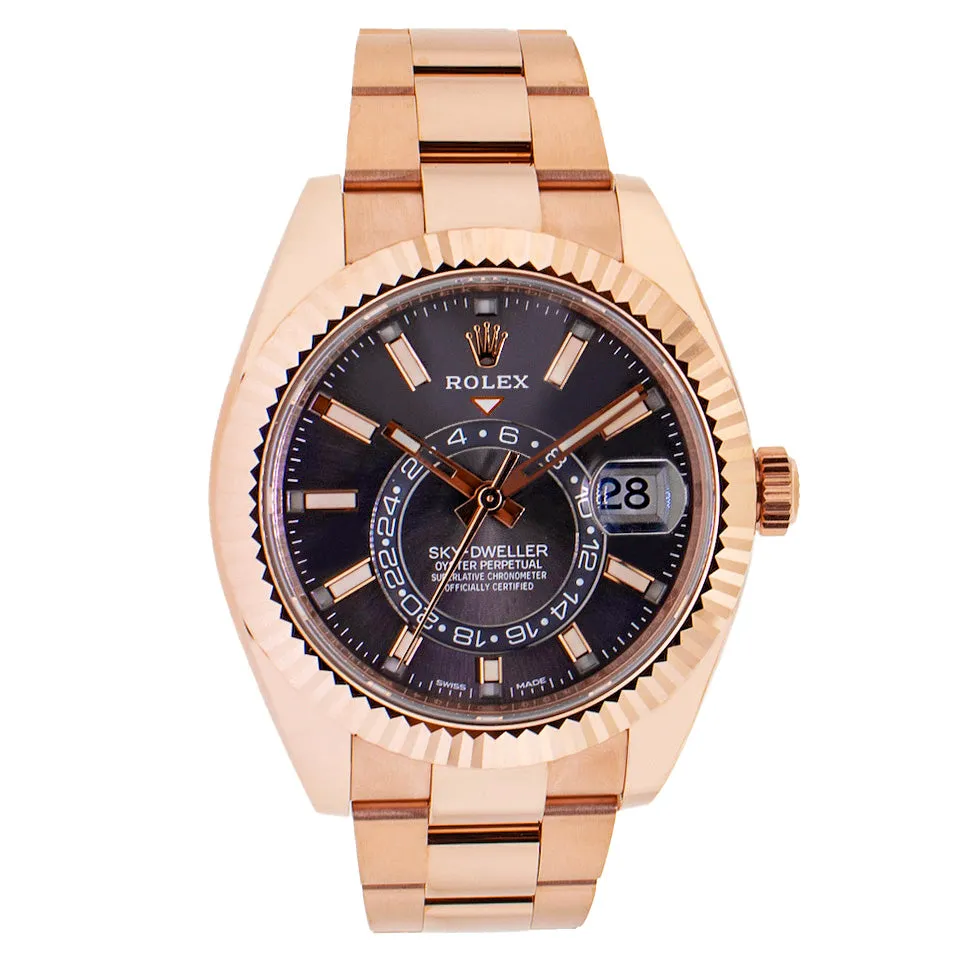 Rolex Sky-Dweller 42mm Everose Gold Dark Rhodium Index Dial Fluted Bezel 326935DKR