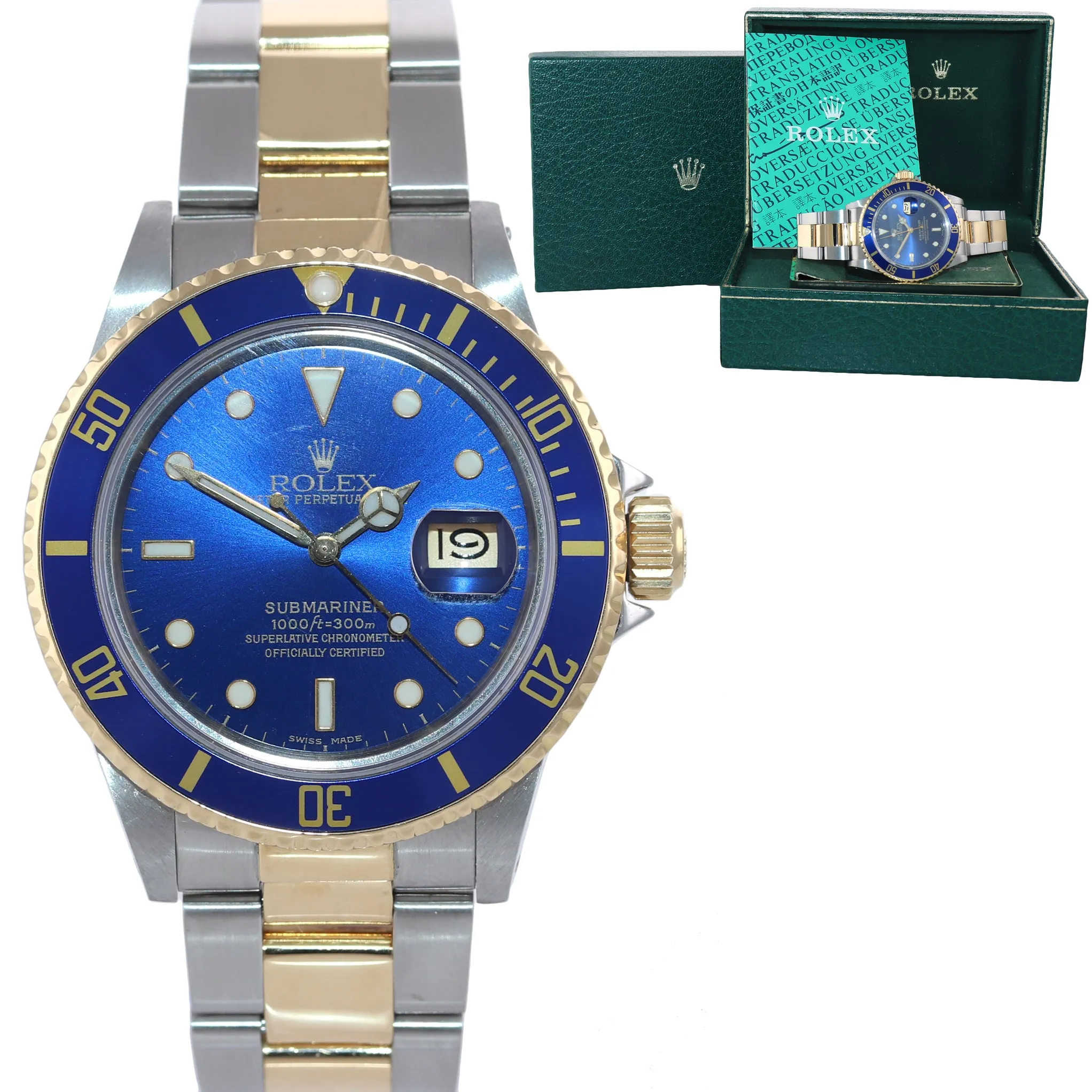 Rolex Submariner 16803 Blue 18k Yellow Gold Two-Tone 40mm Dive Watch Box