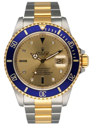 Rolex Submariner Date 16613 Serti Dial Men's Watch Box & Papers