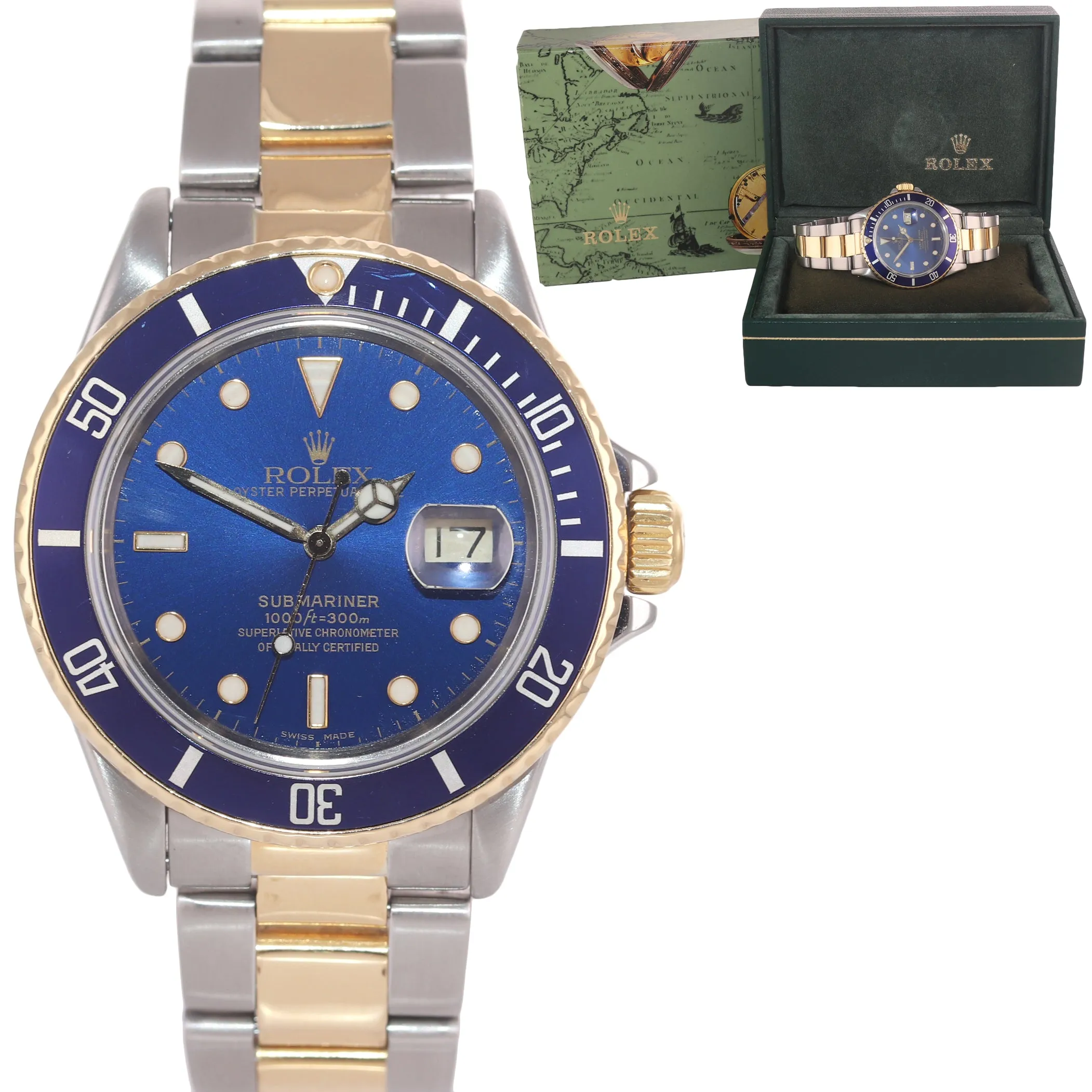 Rolex Submariner Date 16803 Yellow Gold Steel Two Tone Blue Watch Box