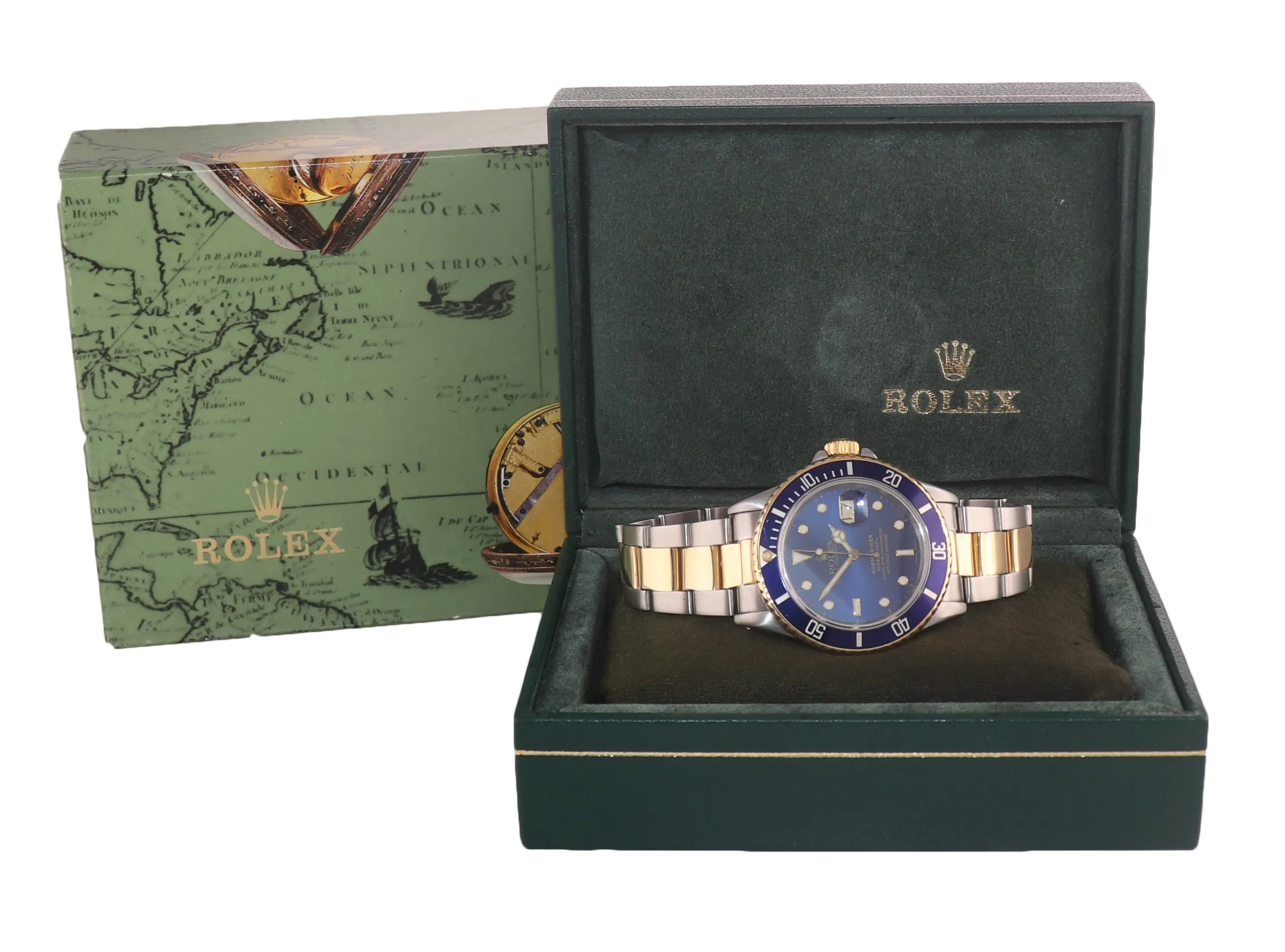 Rolex Submariner Date 16803 Yellow Gold Steel Two Tone Blue Watch Box