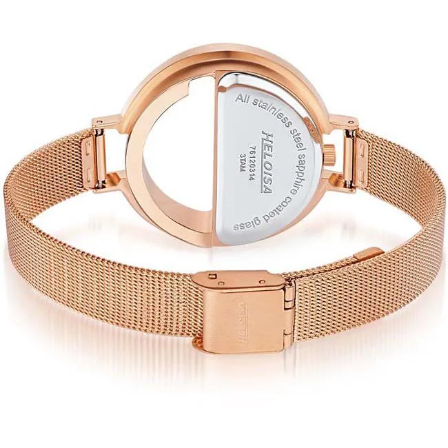 Rose Gold Round "e-Shape" Stainless Steel with White MOP and Mesh Band Watch  For Women - Heloisa 76120314