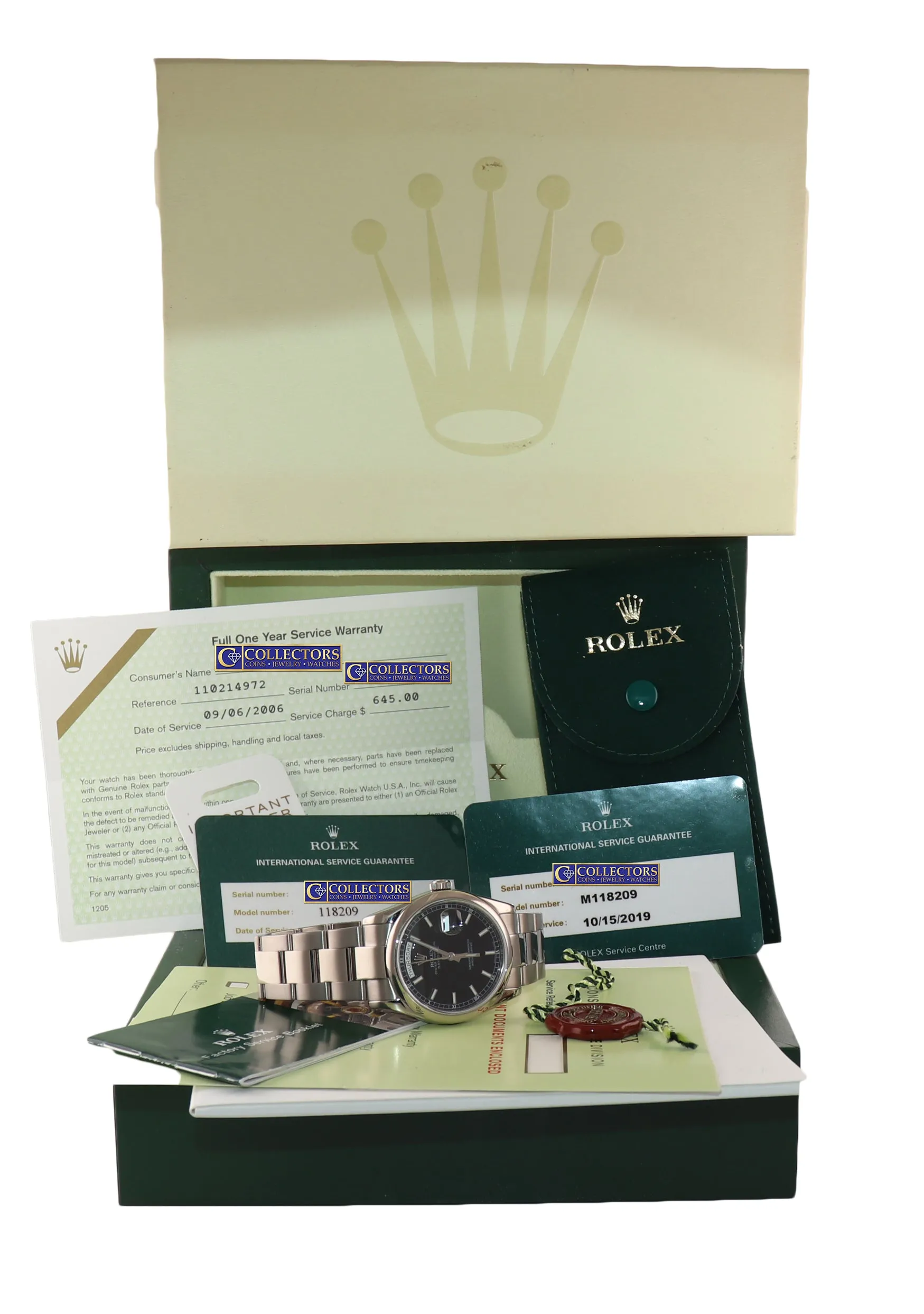 RSC PAPERS Rolex Day-Date President 36mm Black Stick 118209 18k White Gold Watch