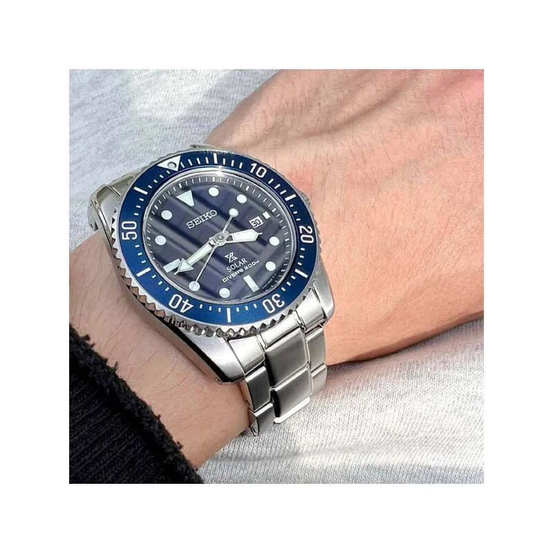 Seiko Prospex SNE585P1 PADI Compact Solar Scuba Diver's Watch with Stainless Steel Band | Men's 200M Dive Watch