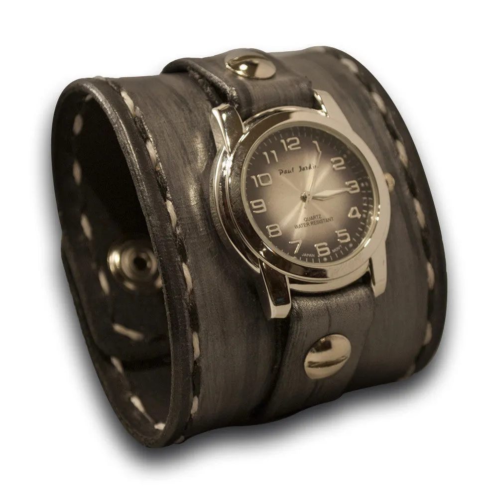 Silver and Black Wide Leather Cuff Watch with Stainless Snaps