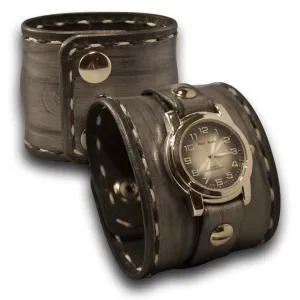 Silver and Black Wide Leather Cuff Watch with Stainless Snaps