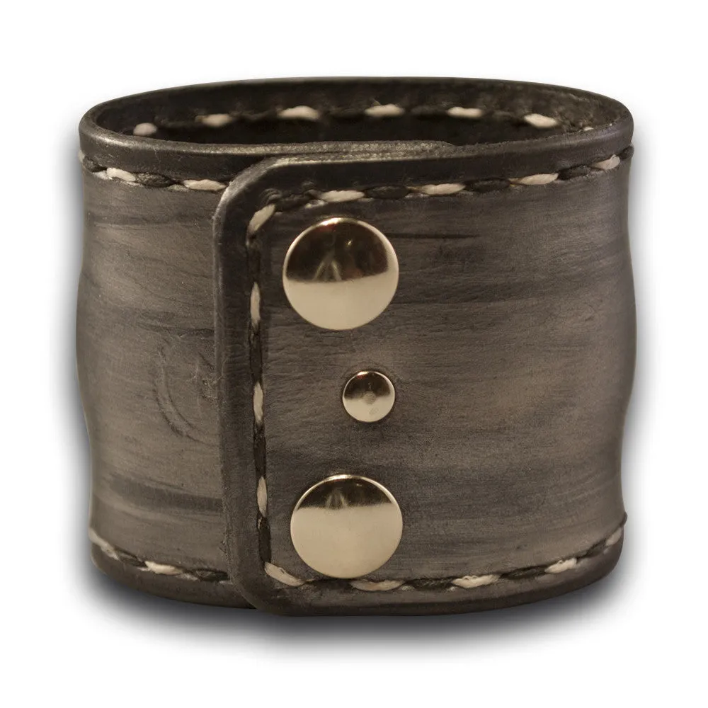 Silver and Black Wide Leather Cuff Watch with Stainless Snaps