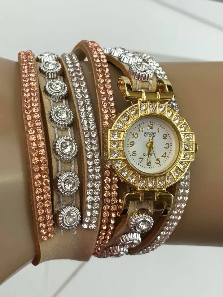 Tan Double Wrap Bracelet White Crystals Watch