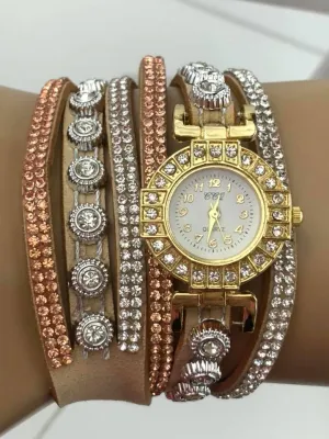 Tan Double Wrap Bracelet White Crystals Watch