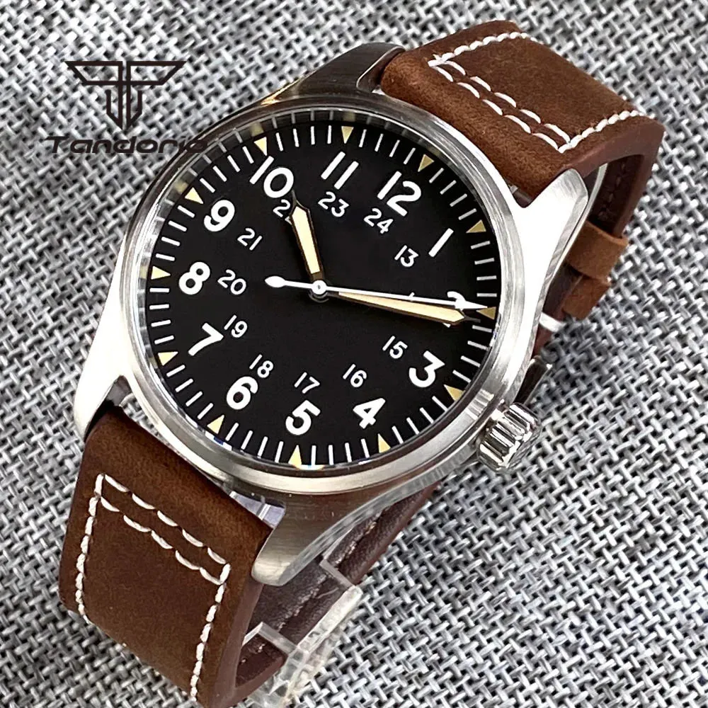 Tandorio 39mm NH35A 20bar Automatic Dive Pilot Men's Watches Sapphire Glass Green Luminous Dial Leather Strap Screw Crown