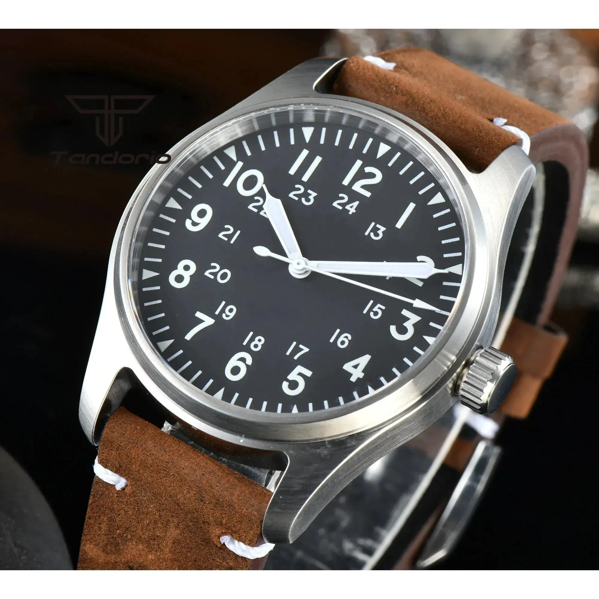 Tandorio 39mm NH35A 20bar Automatic Dive Pilot Men's Watches Sapphire Glass Green Luminous Dial Leather Strap Screw Crown