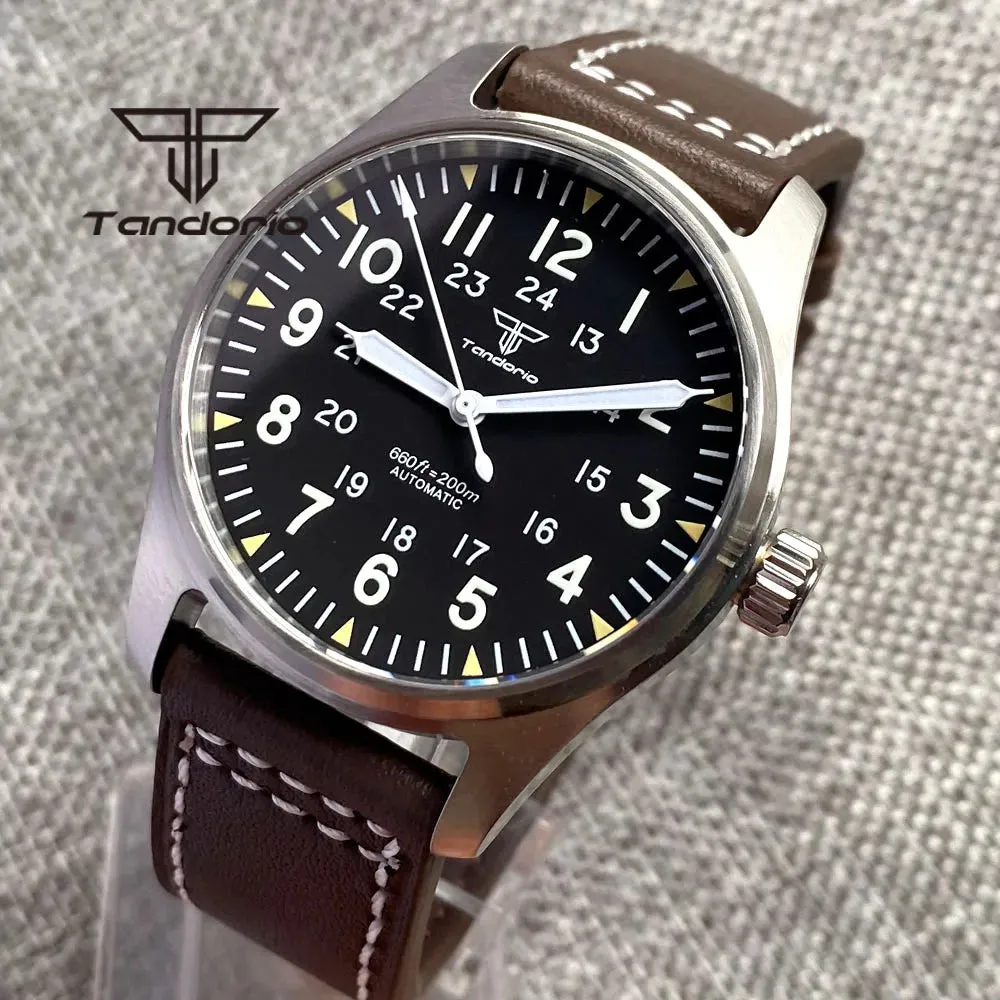 Tandorio 39mm NH35A 20bar Automatic Dive Pilot Men's Watches Sapphire Glass Green Luminous Dial Leather Strap Screw Crown