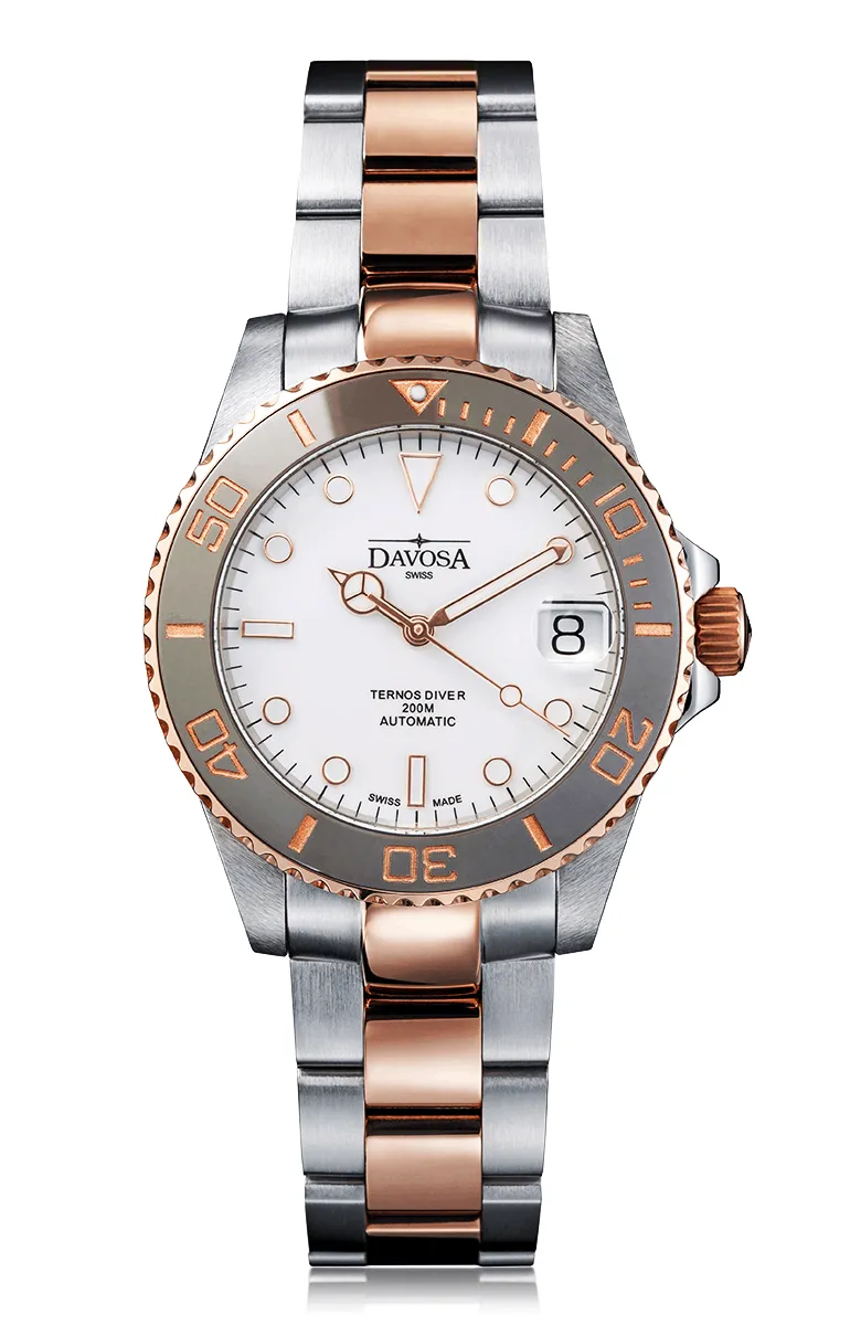 Ternos Medium Automatic 200m White Dial Two Tone Rose Gold Diver Watch 16619620