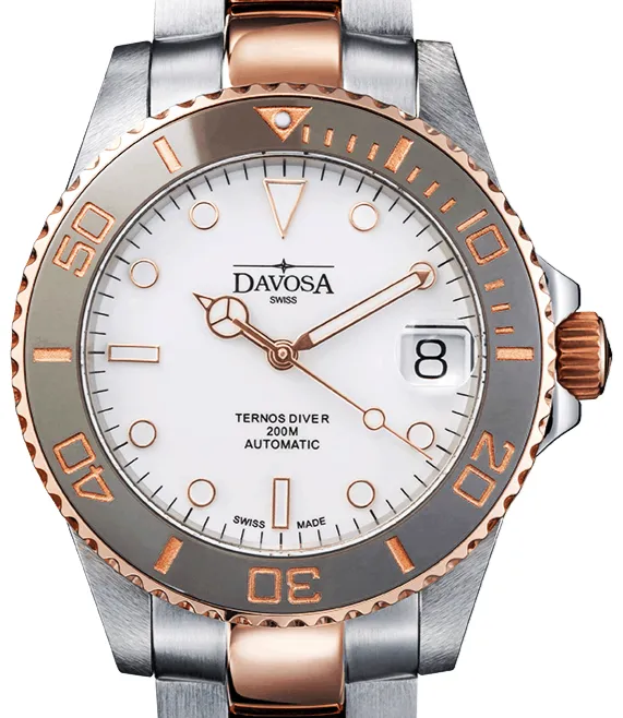 Ternos Medium Automatic 200m White Dial Two Tone Rose Gold Diver Watch 16619620