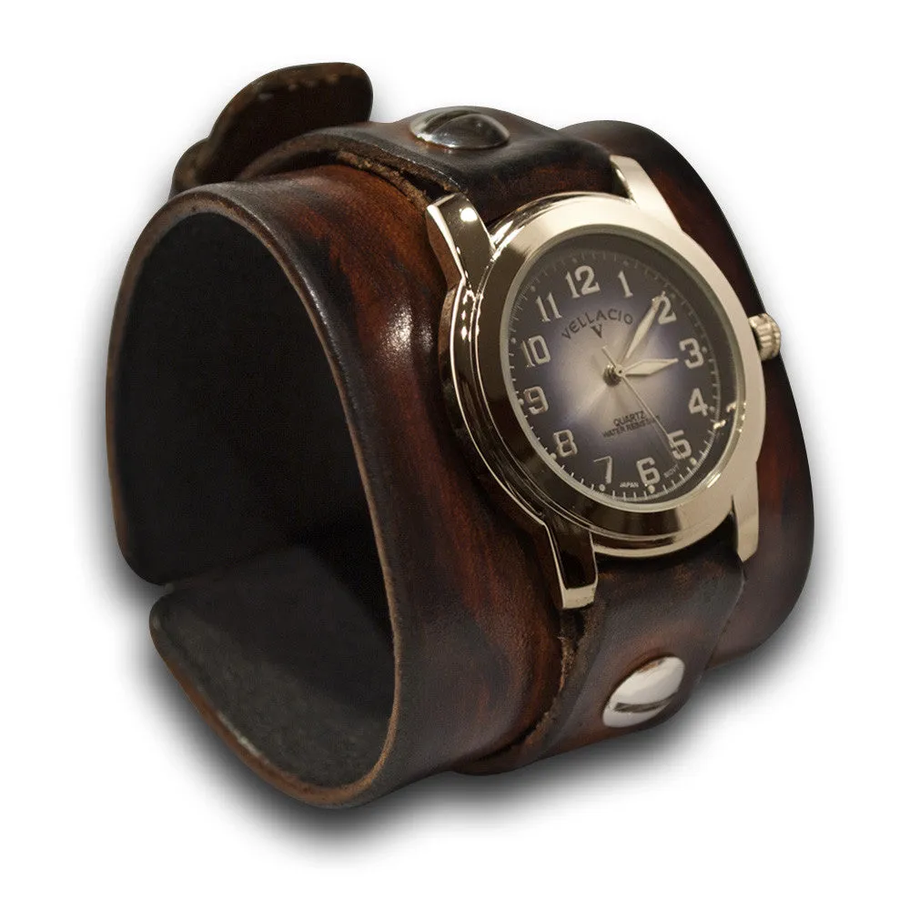 Timber Brown Stressed Leather Cuff Watch w/ Blue & Silver Face