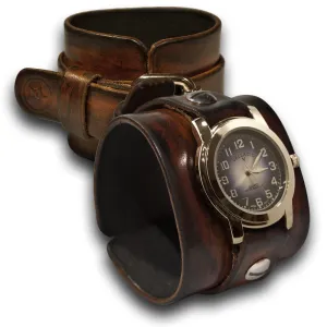 Timber Brown Stressed Leather Cuff Watch w/ Blue & Silver Face