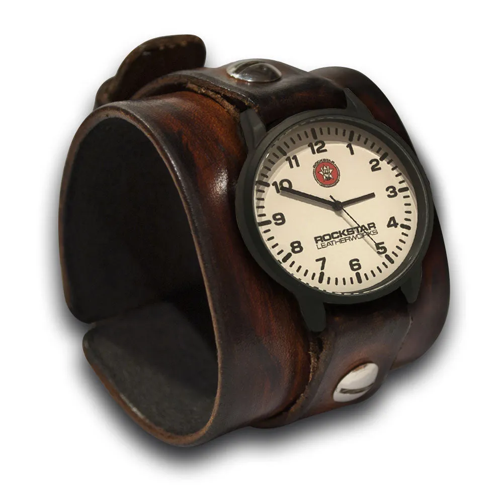 Timber Brown Stressed Leather Cuff Watch with a White Face