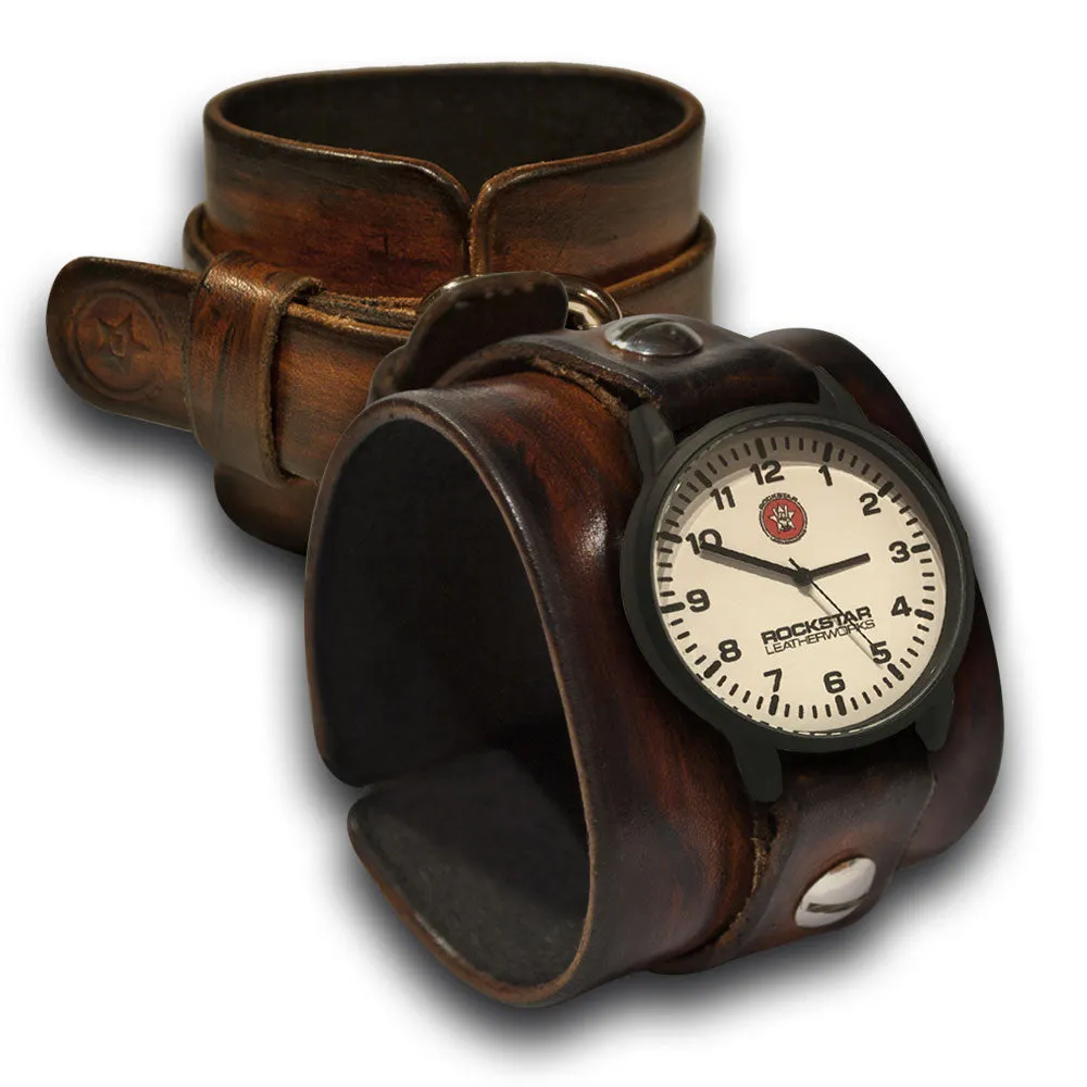 Timber Brown Stressed Leather Cuff Watch with a White Face