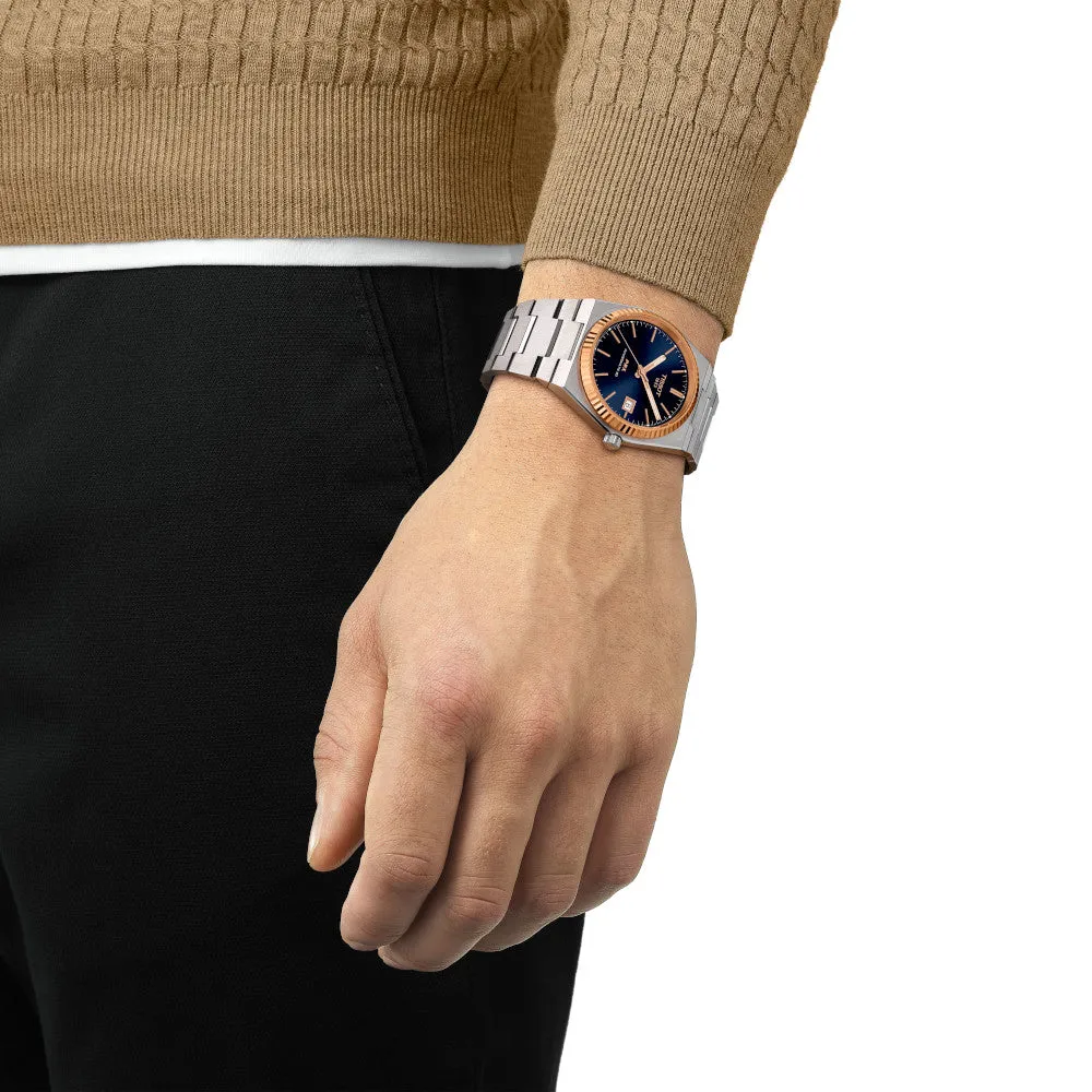 Tissot PRX Powermatic 80 Mens Stainless Steel and 18K Rose Gold Bezel Blue Dial Watch
