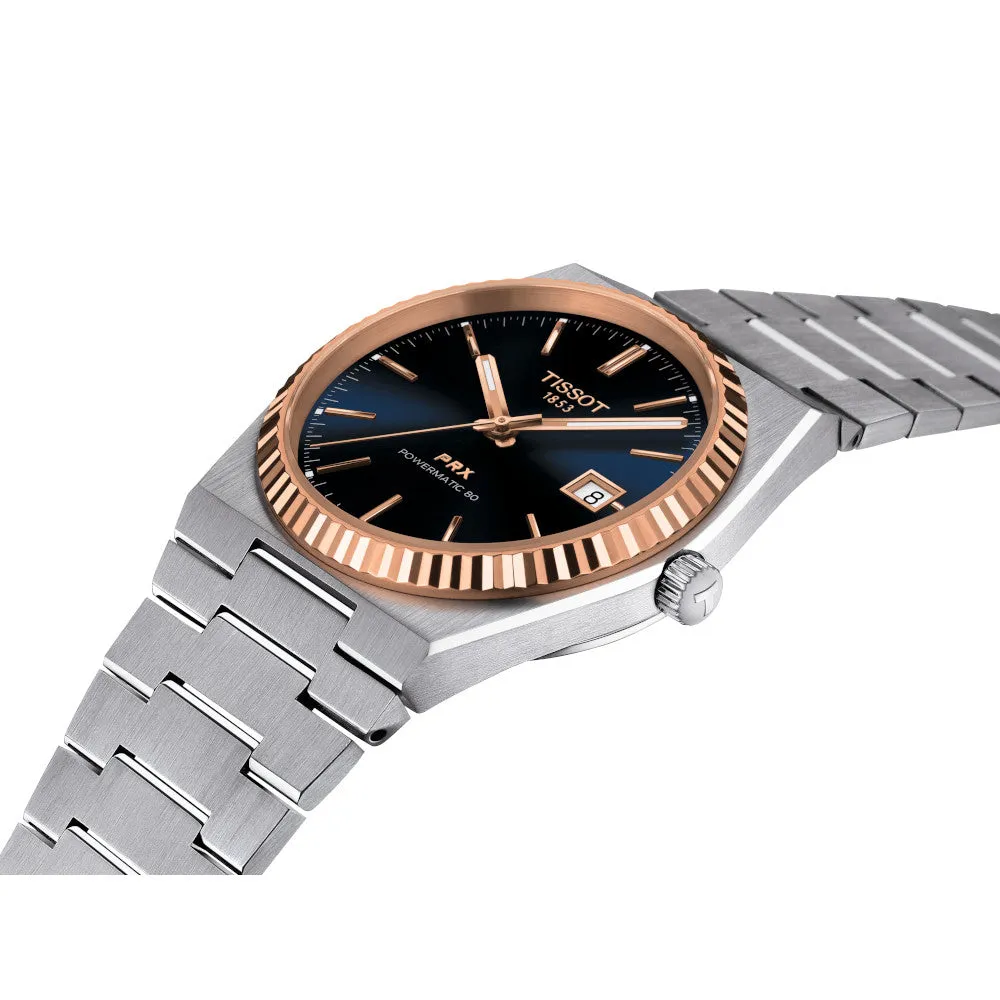 Tissot PRX Powermatic 80 Mens Stainless Steel and 18K Rose Gold Bezel Blue Dial Watch
