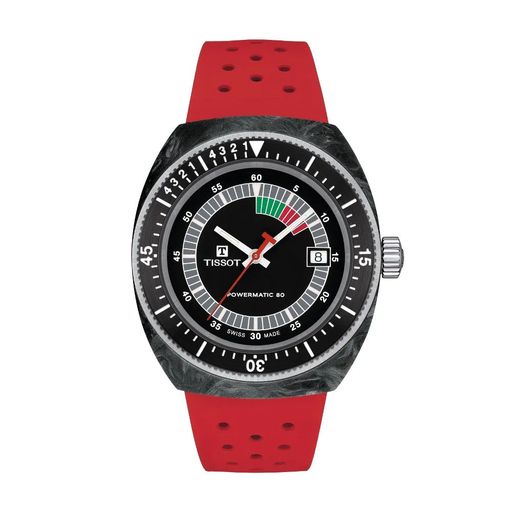 Tissot Sideral S Powermatic 80 Black & Grey Marbled Forged Carbon Case with Red Rubber Strap Watch