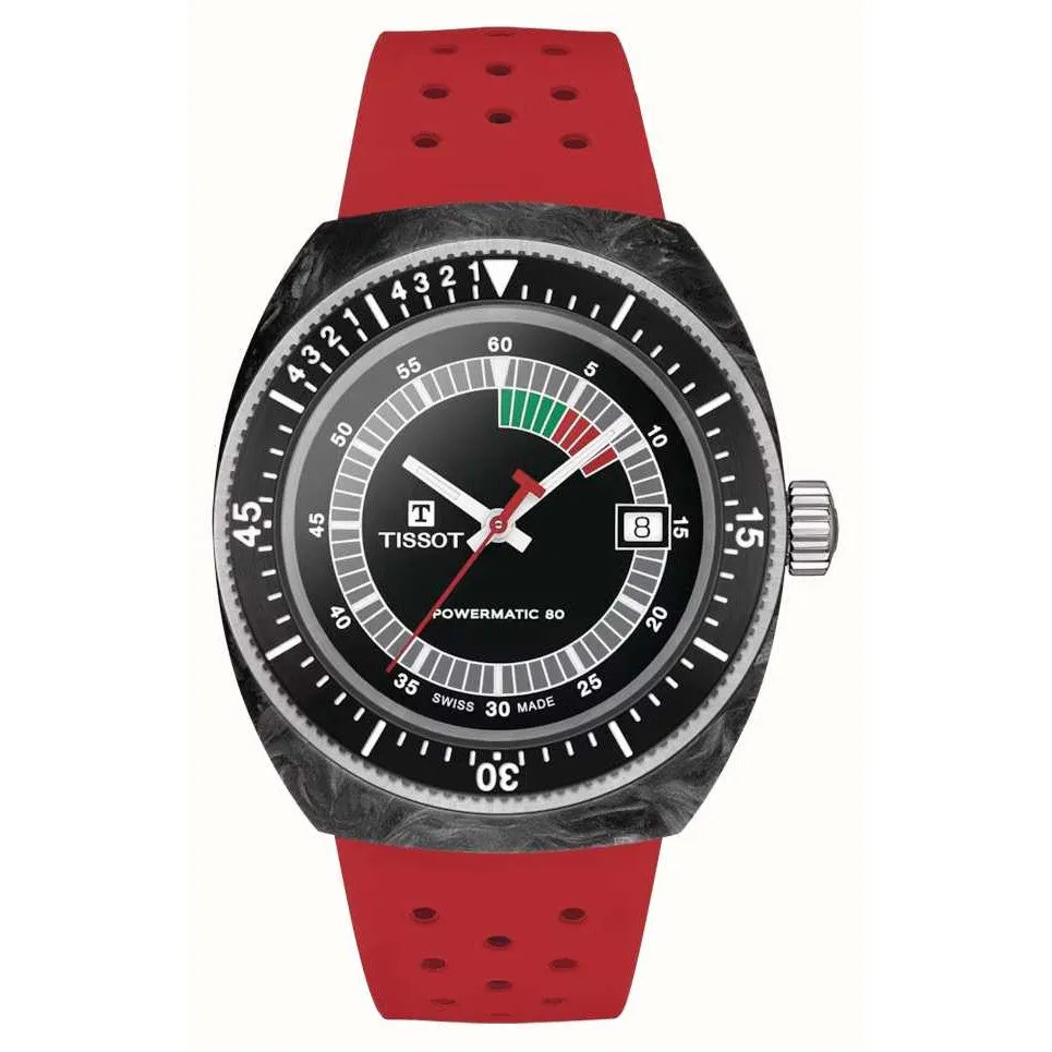 Tissot Sideral S Powermatic 80 Black & Grey Marbled Forged Carbon Case with Red Rubber Strap Watch