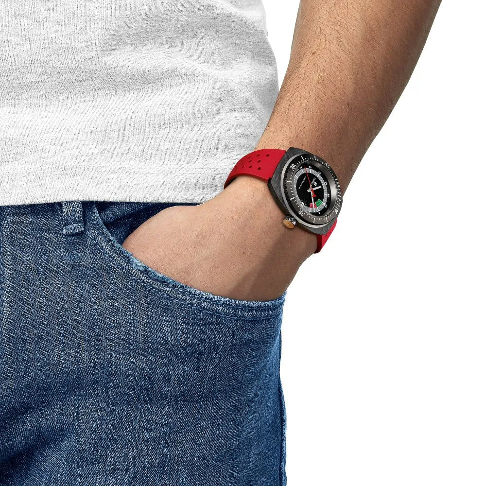 Tissot Sideral S Powermatic 80 Black & Grey Marbled Forged Carbon Case with Red Rubber Strap Watch