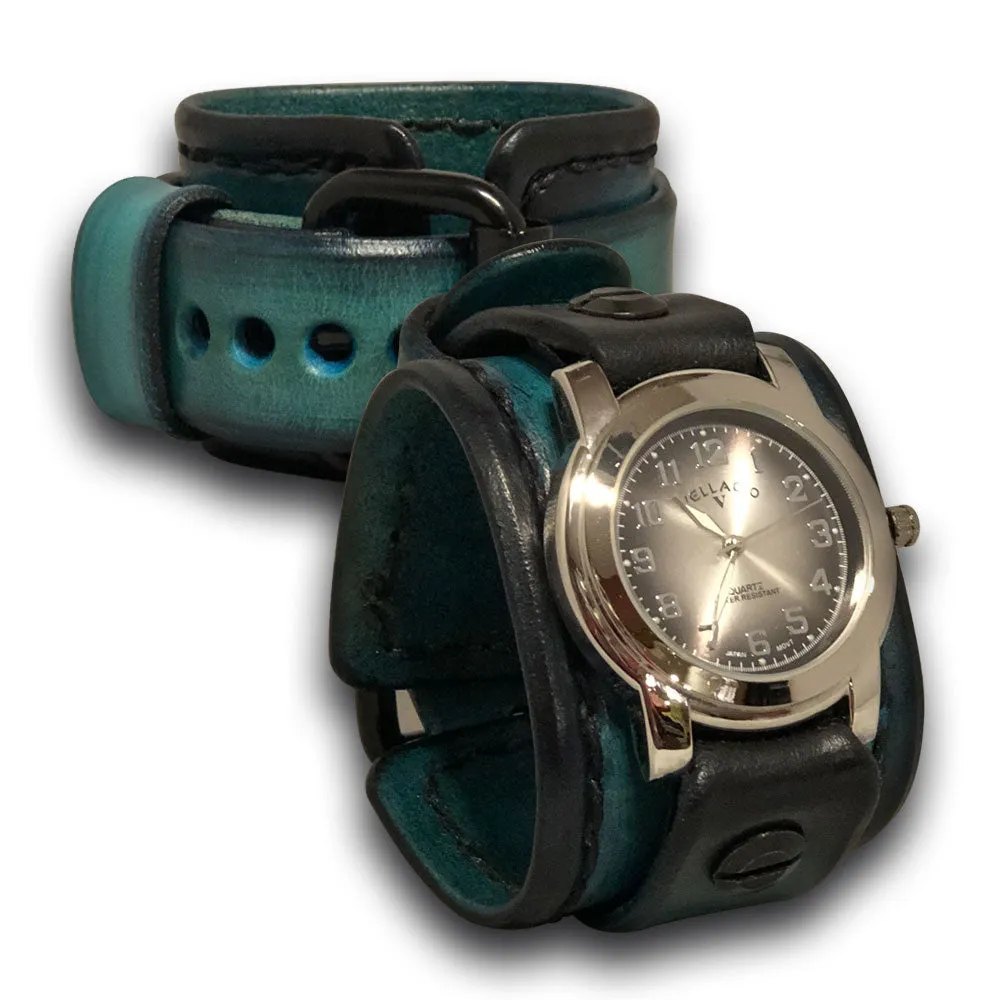 Turquoise and Black Leather Cuff Watch with Black Buckle