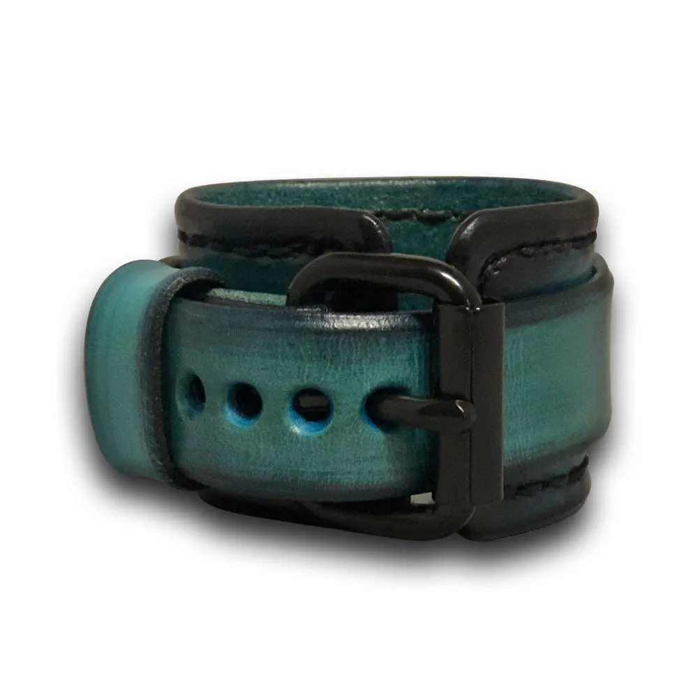 Turquoise and Black Leather Cuff Watch with Black Buckle