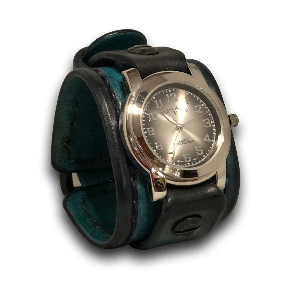 Turquoise and Black Leather Cuff Watch with Black Buckle
