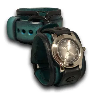 Turquoise and Black Leather Cuff Watch with Black Buckle