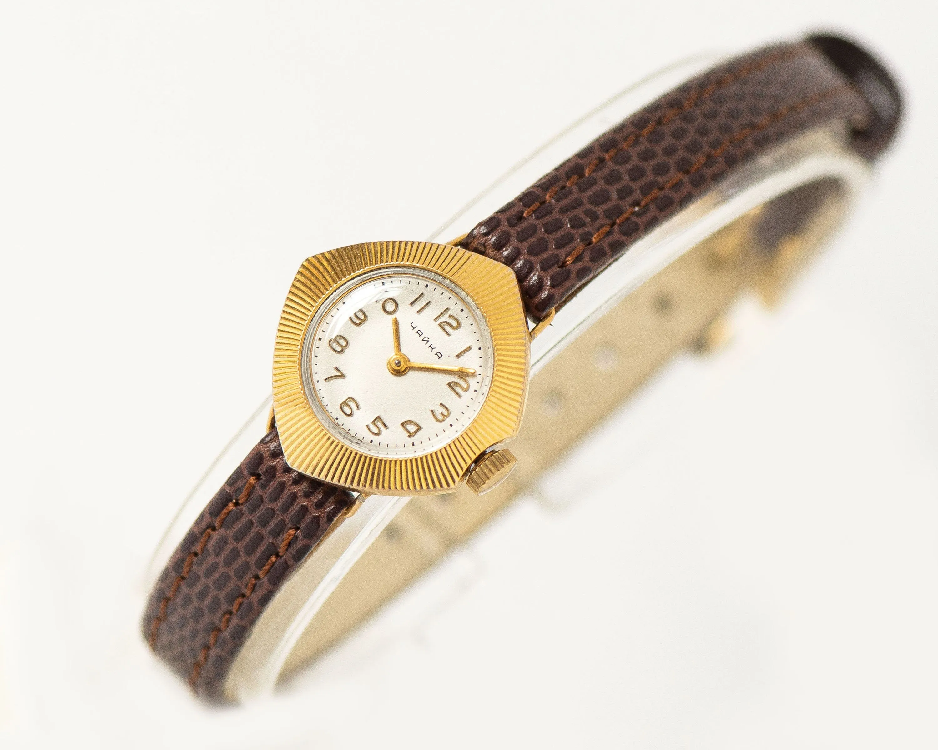 Unique women watch sunburst case Seagull, gold plated lady wristwatch gift jewelry, micro watch dainty timepiece, new premium leather strap