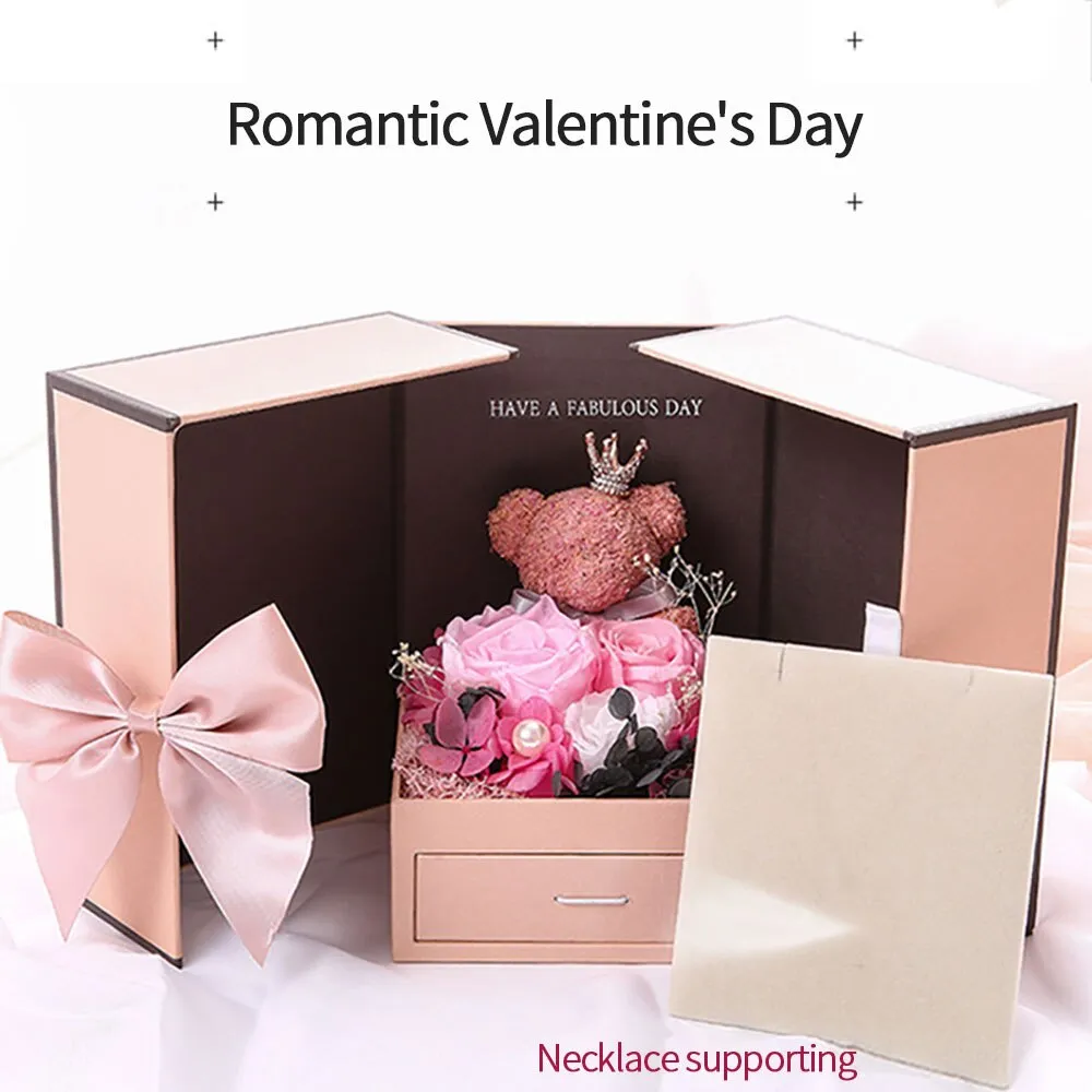 Valentines Day Artificial Flower Jewelry Box Bear Crown Love Rose Pink