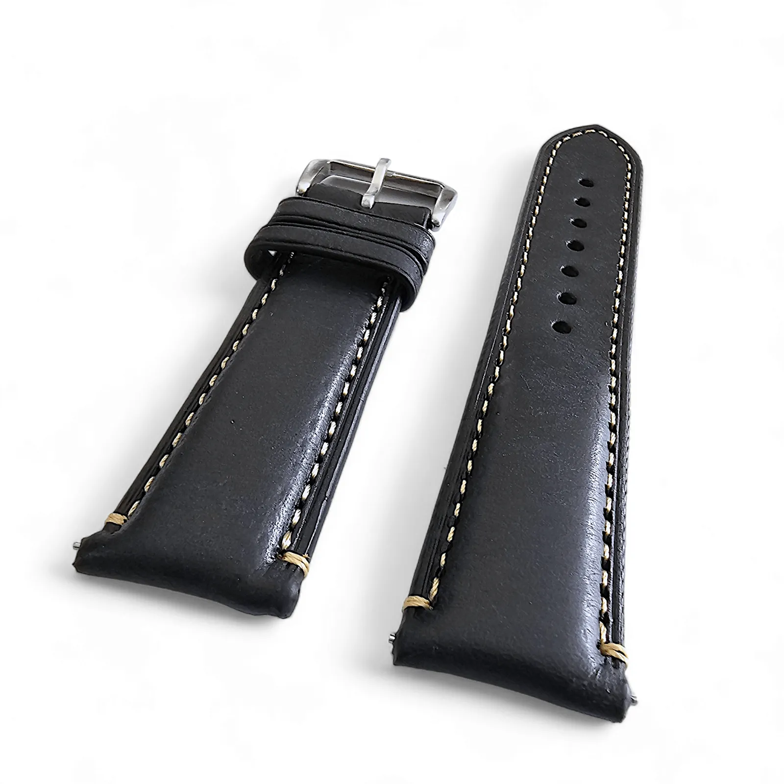 Vegetable Tanned Vintage Italian Leather Watch Strap 20mm 22mm Washed Black