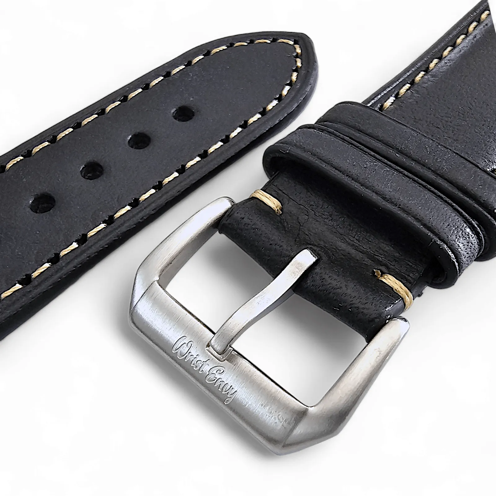 Vegetable Tanned Vintage Italian Leather Watch Strap 20mm 22mm Washed Black