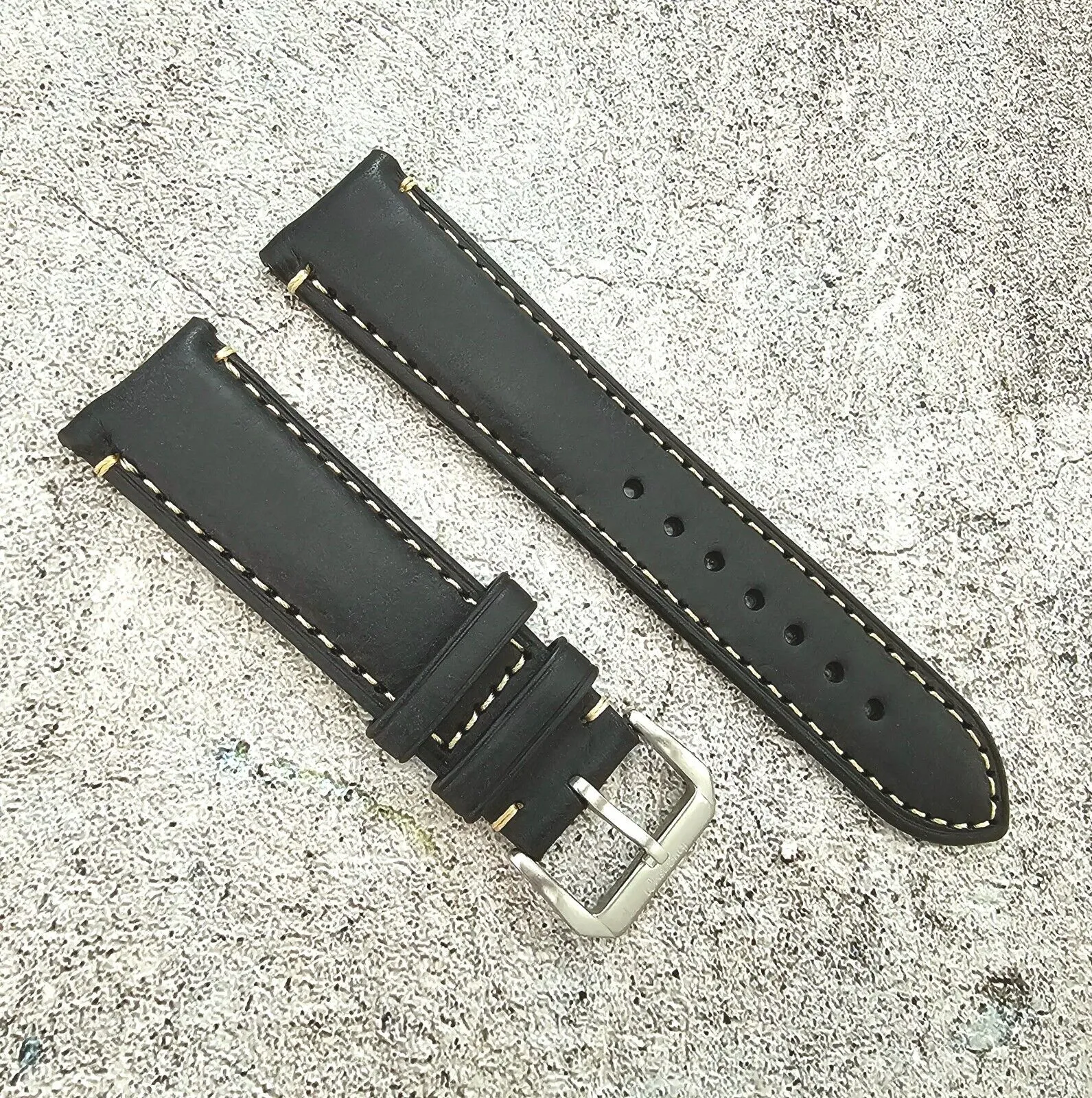 Vegetable Tanned Vintage Italian Leather Watch Strap 20mm 22mm Washed Black
