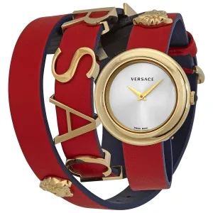 Versace V-Flare Quartz Silver Dial Red Leather Ladies Watch VEBN00418