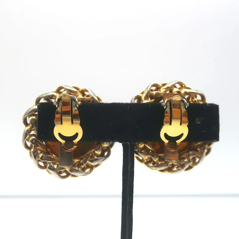 Vintage Chanel 1970s Wheat & Chain Medallion Clip-On Earrings Gold