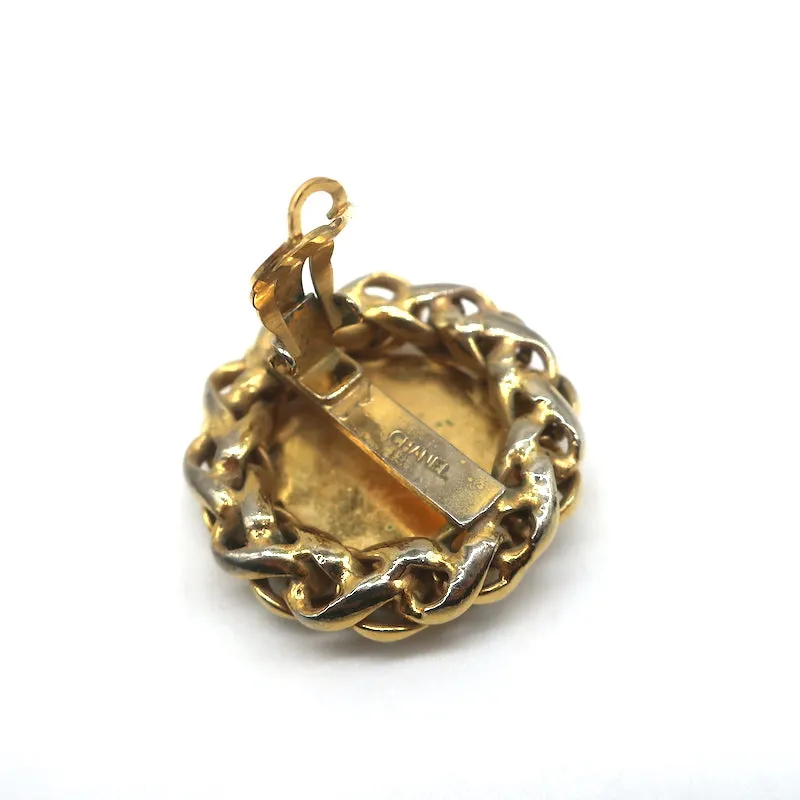 Vintage Chanel 1970s Wheat & Chain Medallion Clip-On Earrings Gold