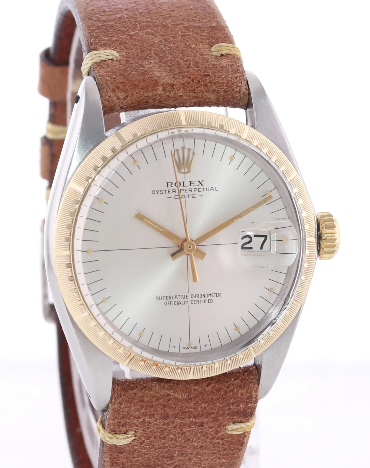 VINTAGE Rolex Date 1512 Steel 14k Yellow Gold Two Tone 34mm Silver Dial Watch