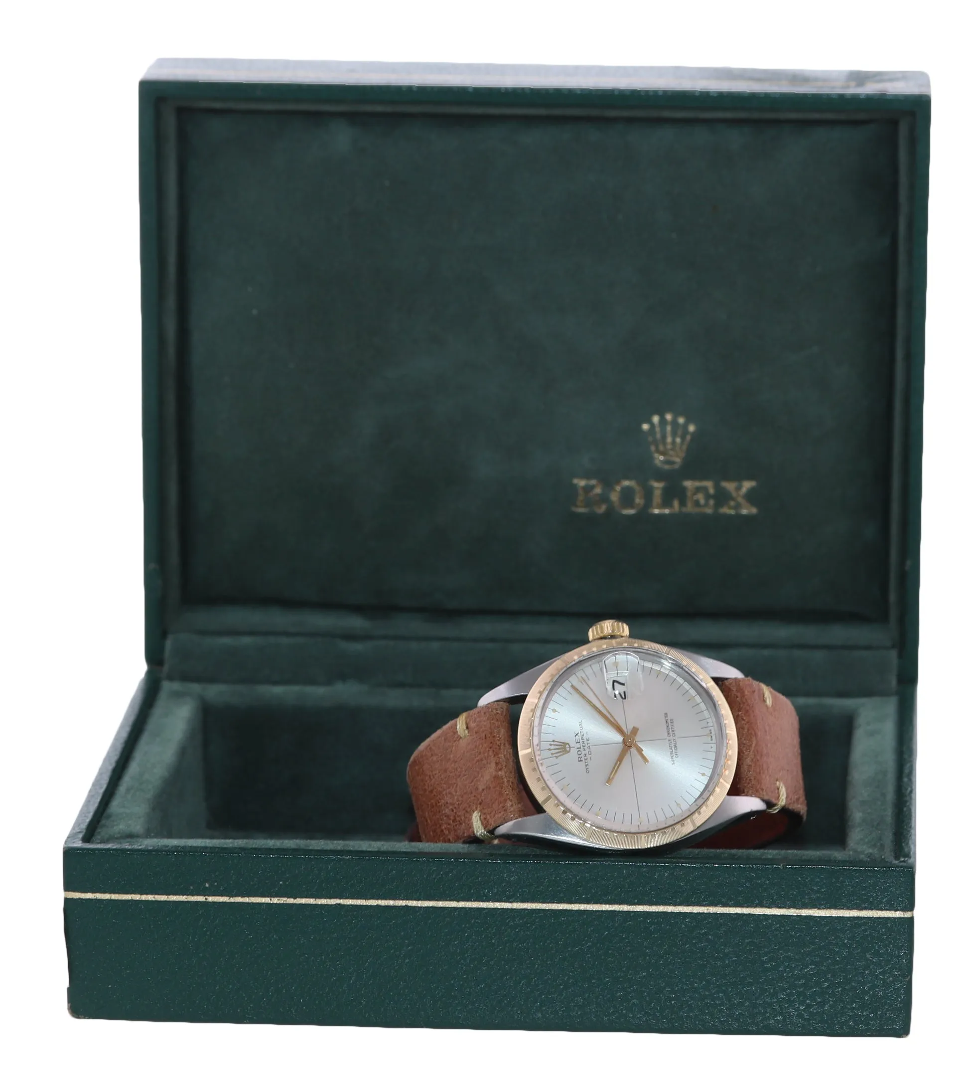 VINTAGE Rolex Date 1512 Steel 14k Yellow Gold Two Tone 34mm Silver Dial Watch