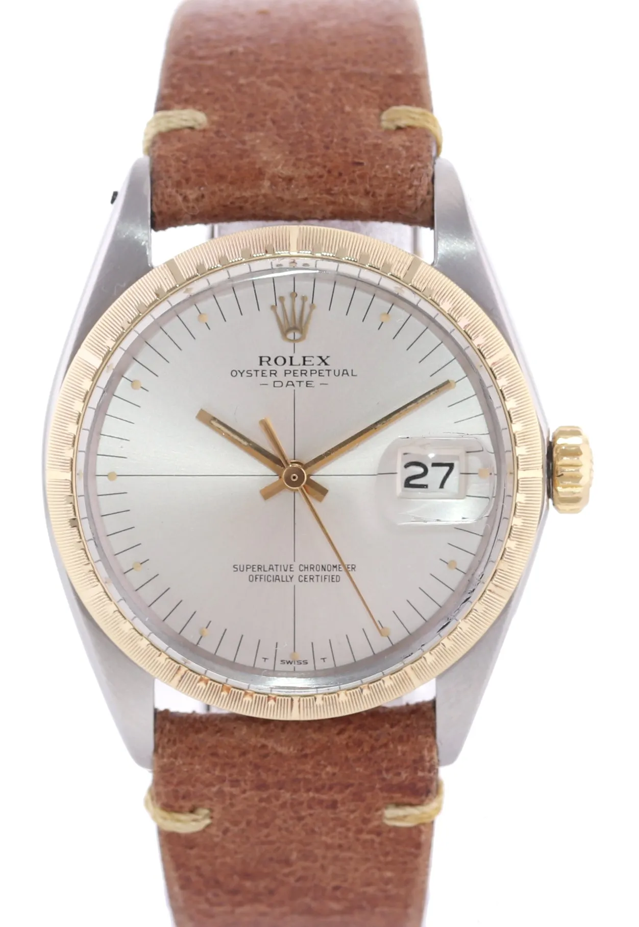 VINTAGE Rolex Date 1512 Steel 14k Yellow Gold Two Tone 34mm Silver Dial Watch