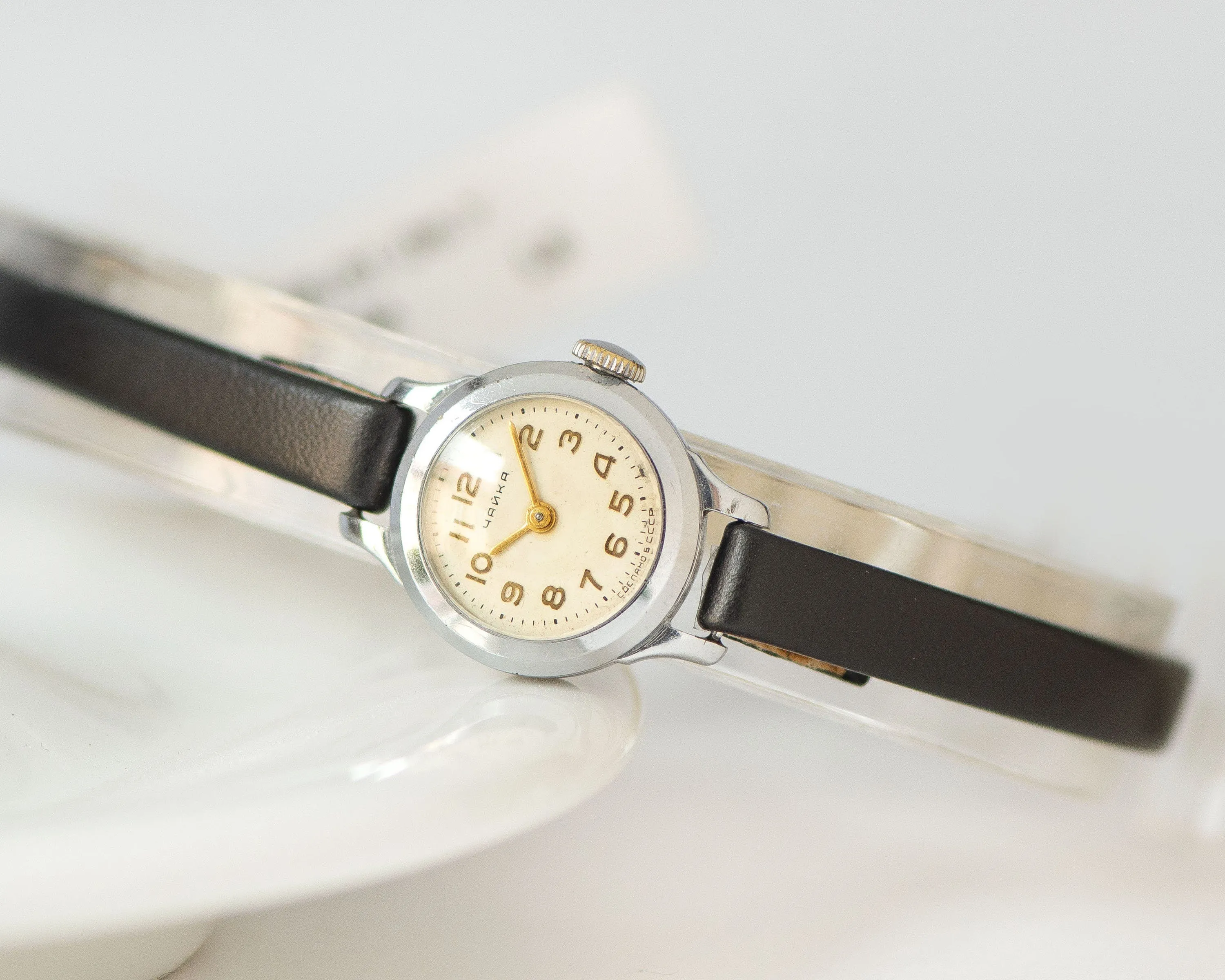 Vintage women watch classic silver shade Seagull, micro lady watch delicate timepiece, petite jewelry her, new premium leather strap