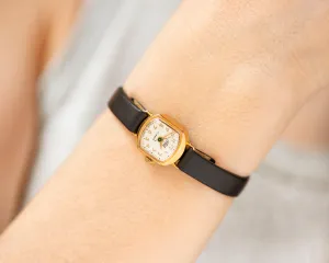 Vintage women's watch gold plated Dawn, lady wristwatch retro jewelry gift, limited edition lady watch simple, new premium leather strap