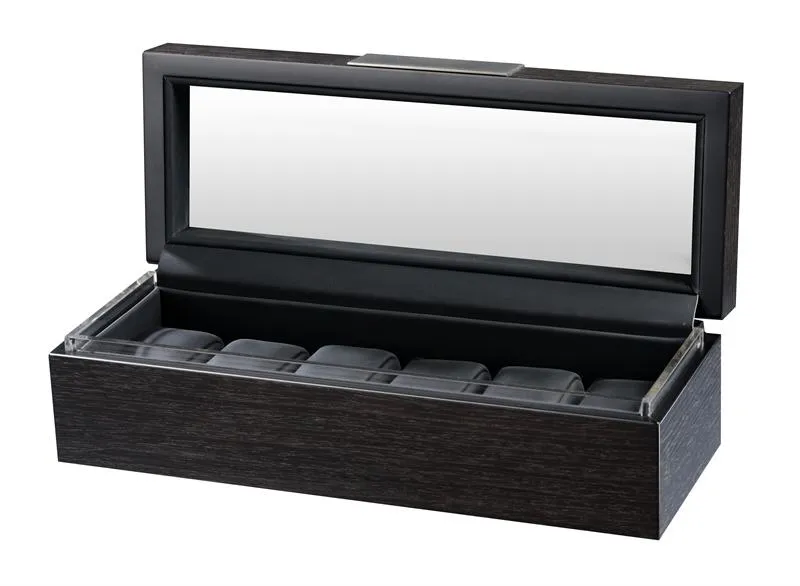Volta Charcoal Wood Finish 6 Watch Case with See Through Top