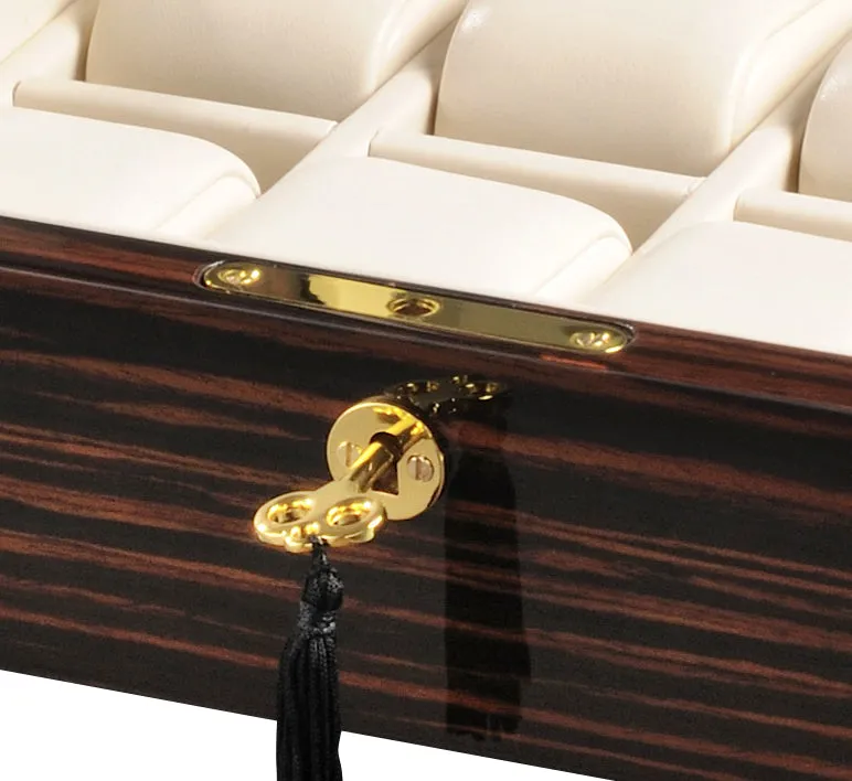 Volta Ebony Wood 8 Watch Case with Gold Accents and See Through Top (Cream Leather Interior)
